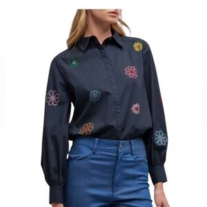 Cinq à Sept Kandice Heatset Daisy Embroidered Poplin Top Size S